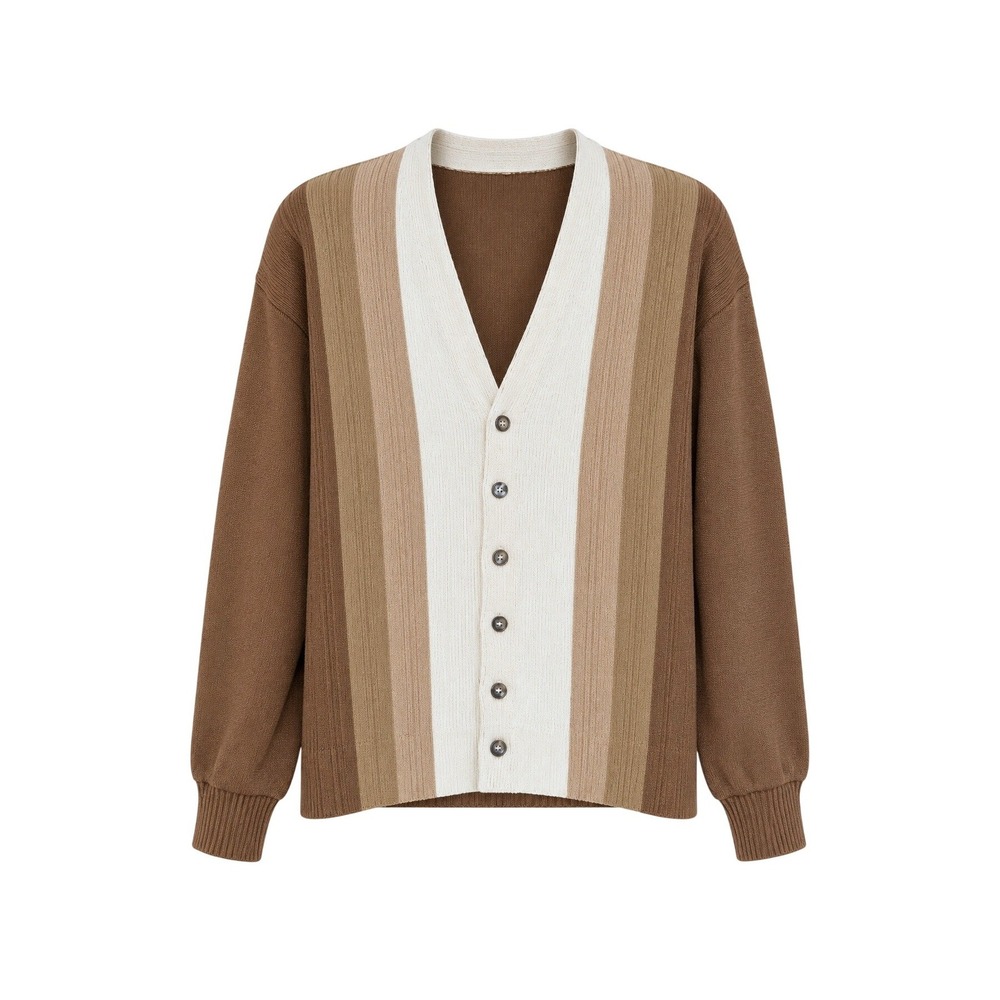 Mens Large Brown Cream Striped Knit Cardigan V Neck Button Front Grandpa Sweater